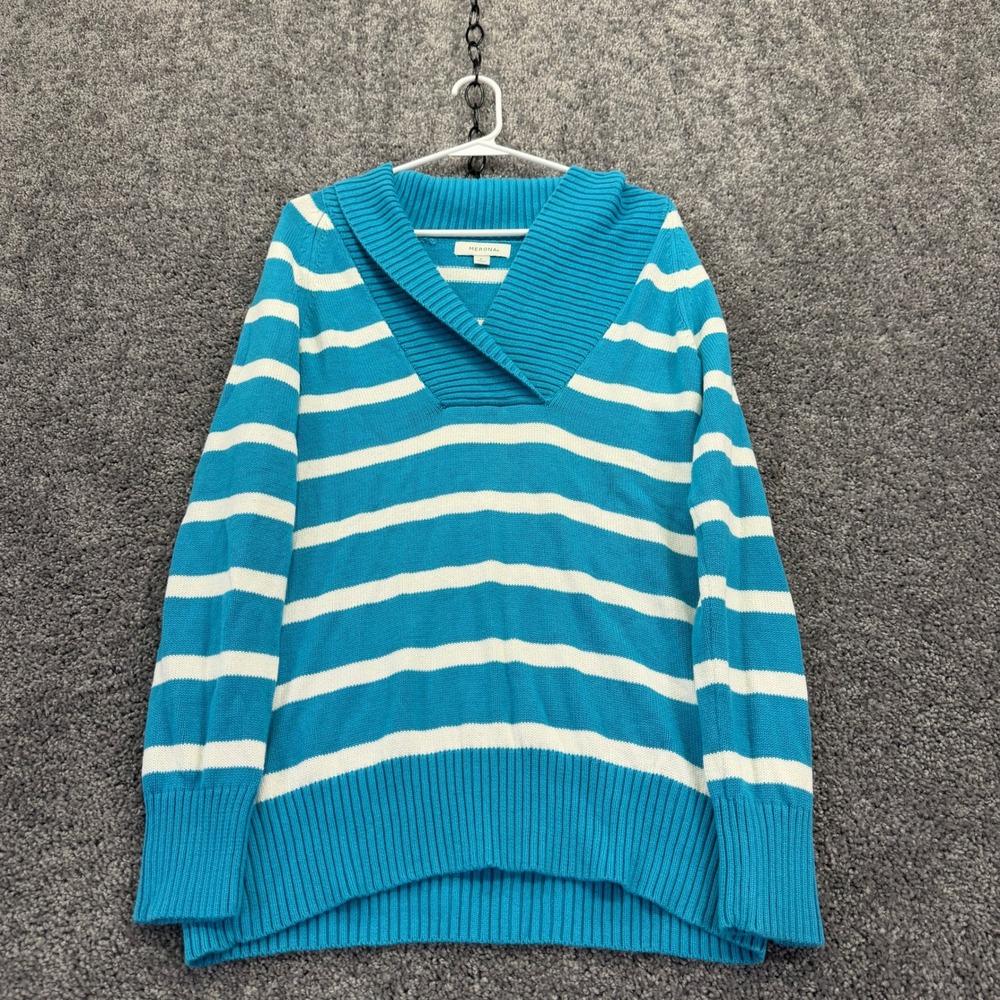 Merona Sweater Womens Large Blue Striped V Neck Shawl Collar Cotton Pullover